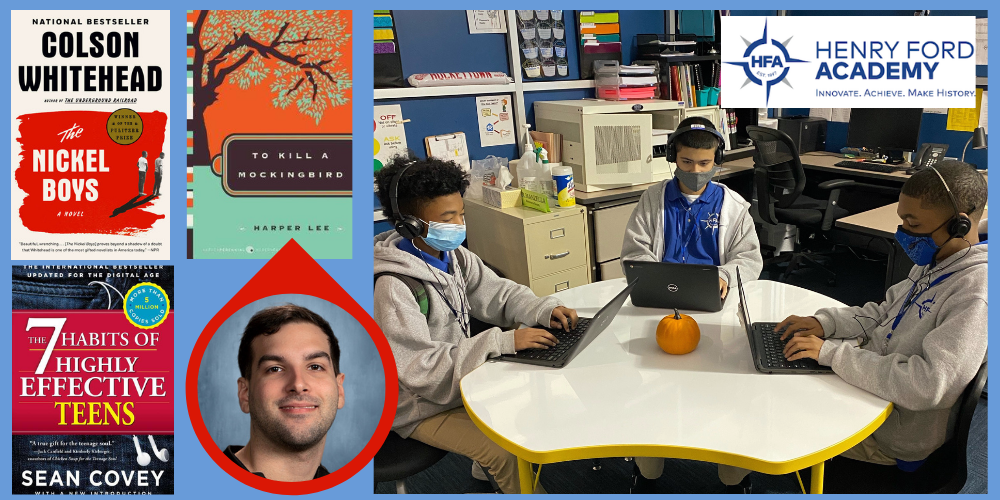 Collage of students listening to books on laptops, teacher, and book covers